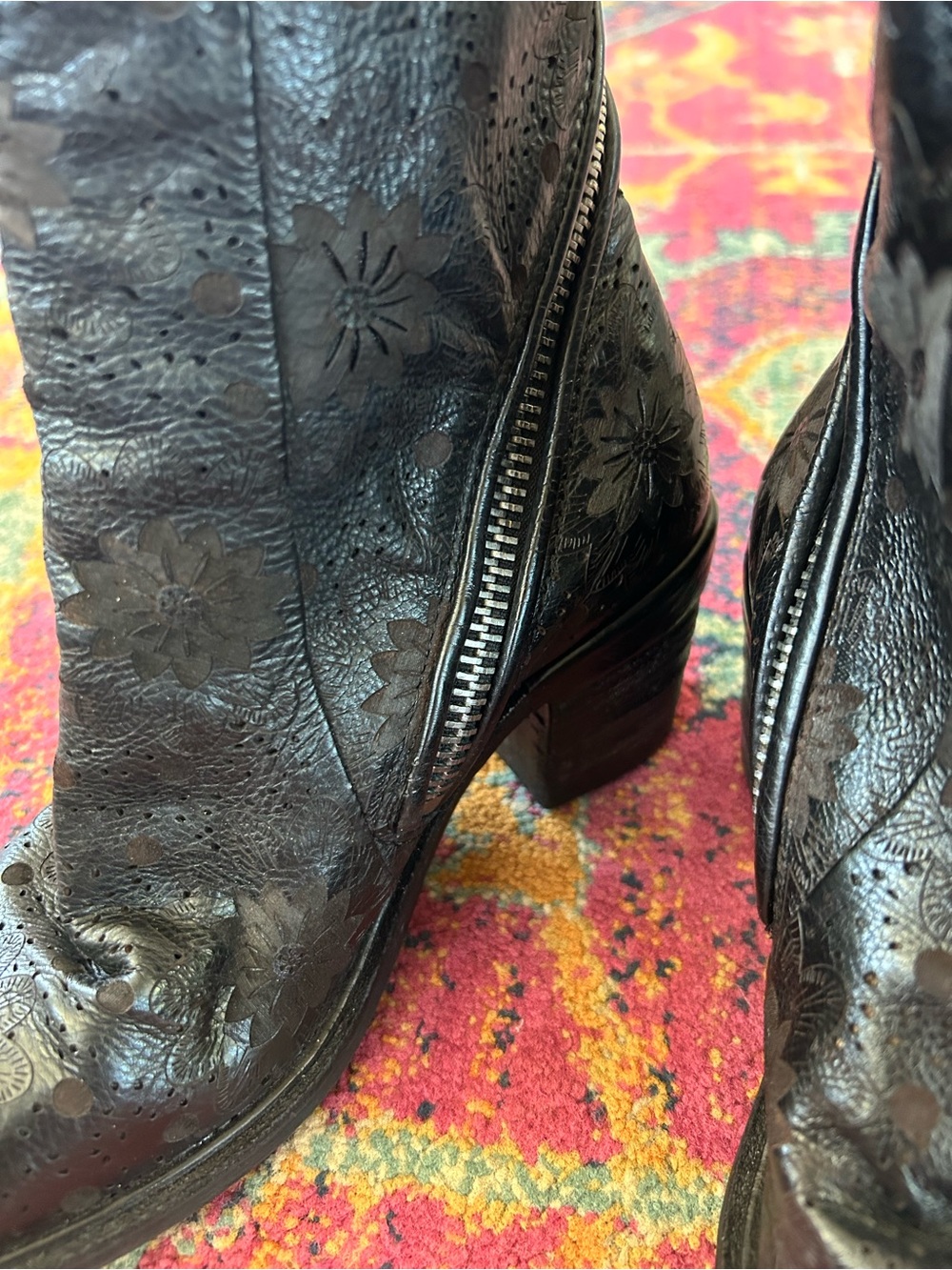 A.S.98 | Women’s Black Floral Embossed Leather Jase Wrap Zip Ankle Boots Size 6 - Picture 9 of 16